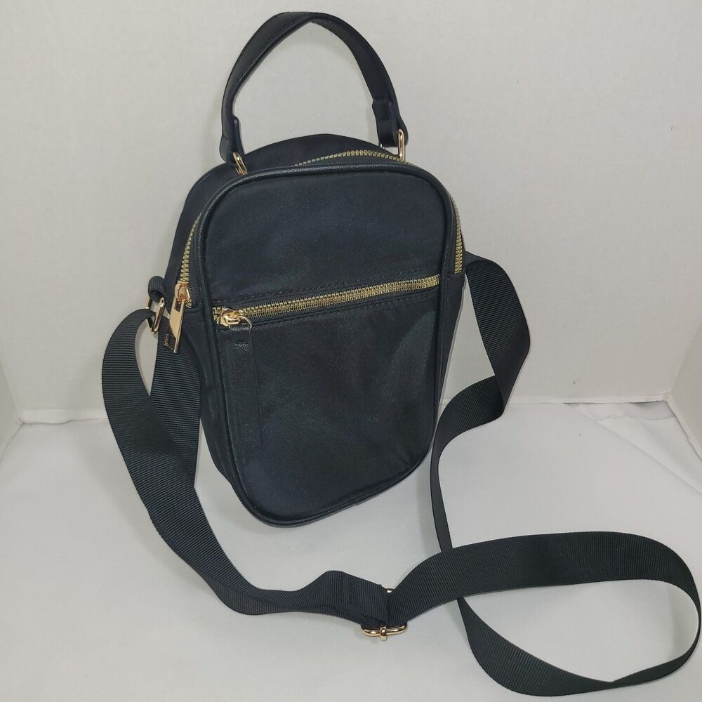 Black Nylon Mini Crossbody Bag Gold Hardware Top Handle Adjustable Strap